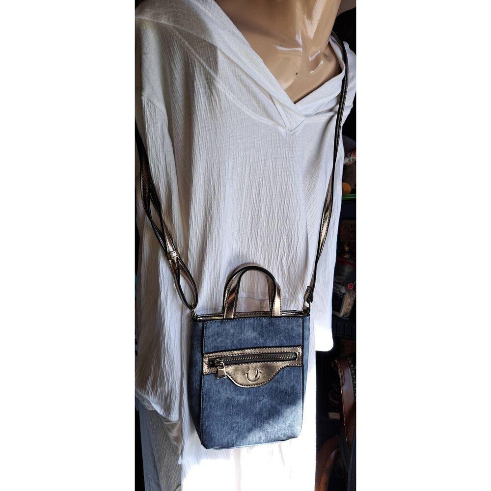 True Religion Denim Print Mini Crossbody Bag Metallic Gold Trim Purse